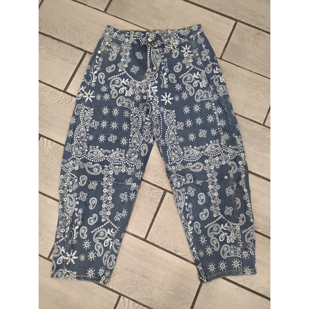 Loveimgs Blue Bandana Paisley Print Wide Leg Denim Jeans NWT Size Large